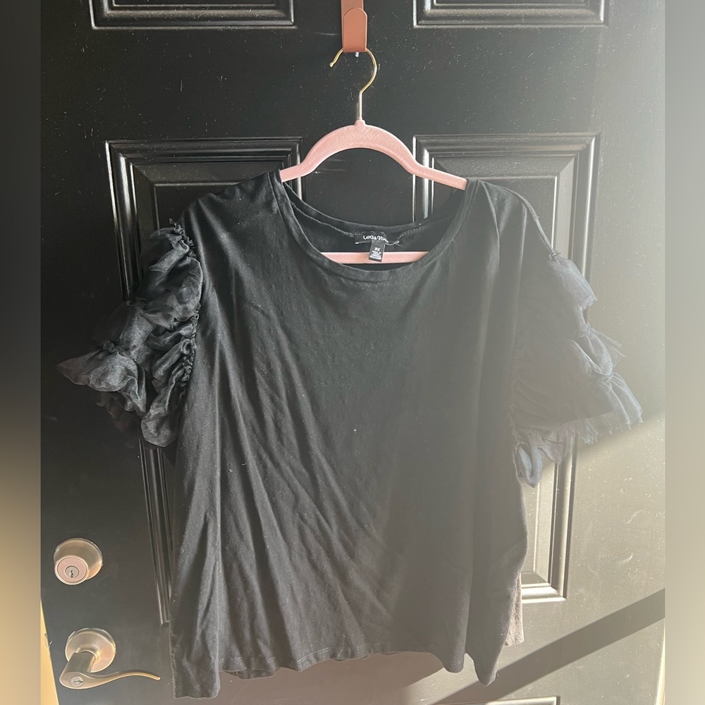 Lea & Viola from Anthropologie Black Short Sleeve Top with Ruffles